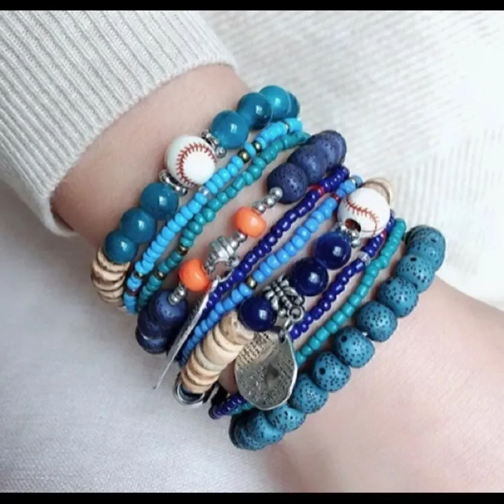Boho Stackable Beaded Charm Bracelet Set Turquoise Silver Charms Layered Jewelry